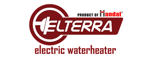 Logo berwarna merah dengan tulisan "Helterra" dan "electric waterheater" di bawahnya, serta logo Handal di bagian atas.