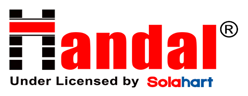 Logo berwarna merah dan hitam dengan tulisan "Handal" dan keterangan "Under Licensed by Solahart"